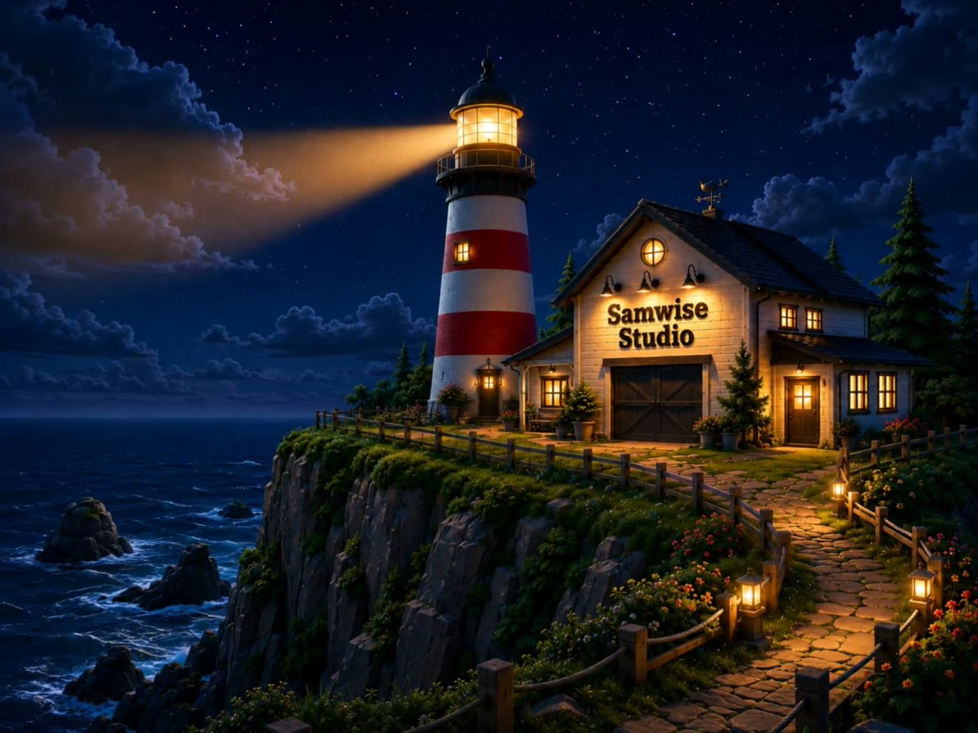 The Samwise Studio lighthouse and clifftop workshop at night, its beam cutting through the dark over the ocean